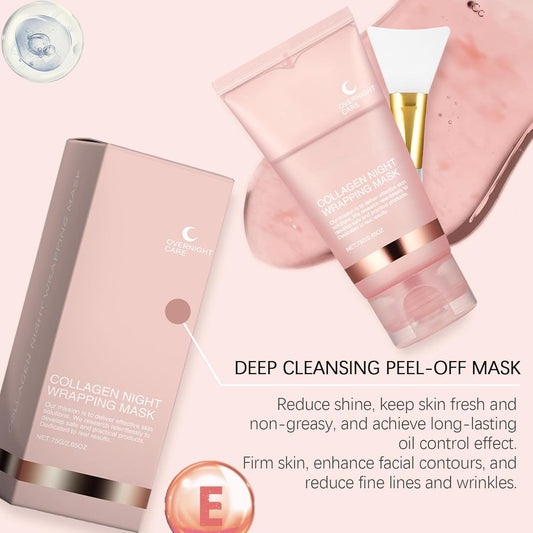 Collagen Maske, Collagen Overnight Wrapping Peel off Facial Mask,Collagen Maske Gesicht Overnight,Reinigt Die Poren, Spendet Feuchtigkeit, Hellt Den Hautton Auf