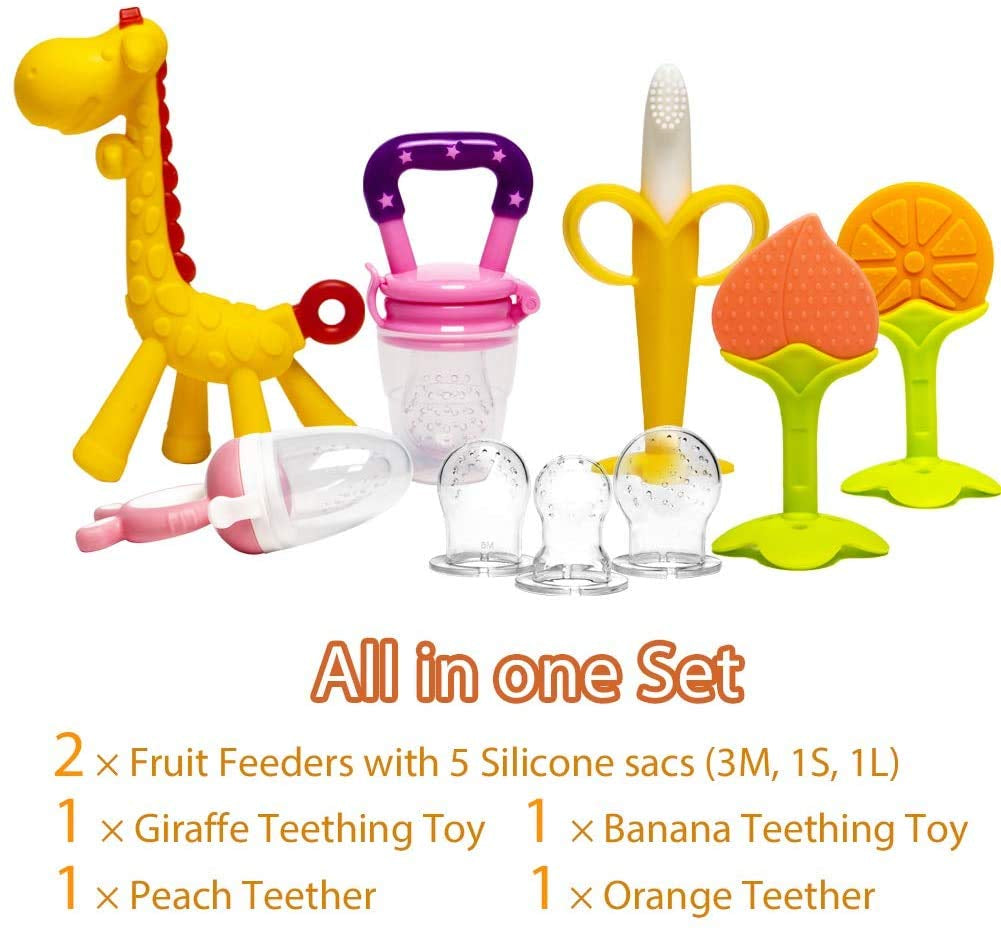 Beißring Für Babys 6 Stück Beißring Spielzeug Bpa-Frei Fruchtsauger Baby 2 Silikon Sauger in 3 Größen Weich Sicher Silikon Pink