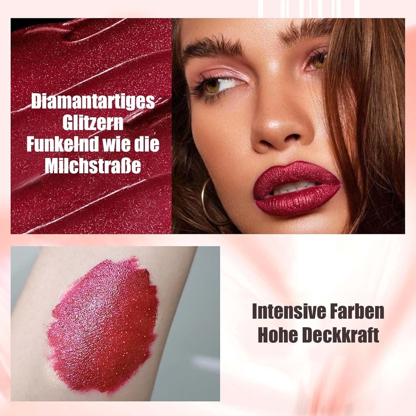 Glitzer Lip Gloss Matt, Flüssiger Lippenstift Mit Diamond Funkeln, Lipgloss Langanhaltend & Wasserfest, Liquid Lipstick Hochpigmentierter Shimmer Lippen, Feuchtigkeitsspendende Formel, Seidige Textur