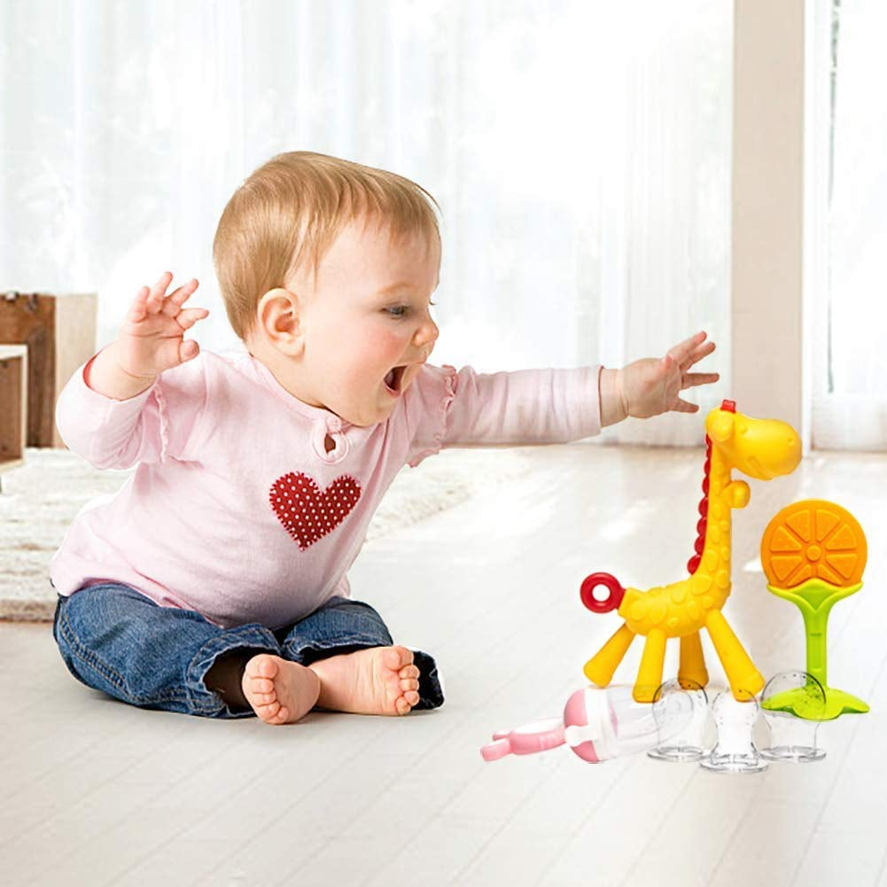 Beißring Für Babys 6 Stück Beißring Spielzeug Bpa-Frei Fruchtsauger Baby 2 Silikon Sauger in 3 Größen Weich Sicher Silikon Pink