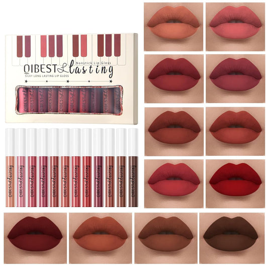 12 Colors Matte Liquid Lipstick Set Velvety Lip Gloss Lip Kit Waterproof Long Lasting Wear Nude Lip Gloss Beauty Cosmetics Makeup Box Set