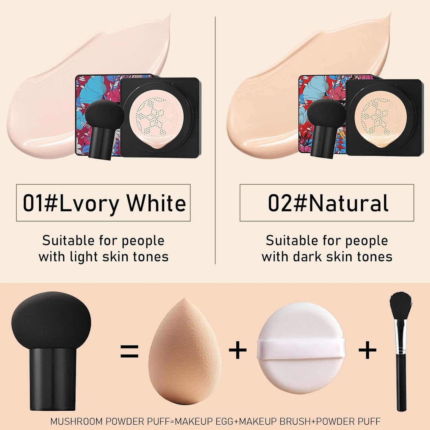 Pilzkopf Luftkissen CC Creme, CC Cream Foundation, Langlebig Wasserfest BB Creme Feuchtigkeitsspendende Concealer, Mushroom Head Air Cushion CC Cream, Makeup Geschenke Für Mädchen (Natürlich)