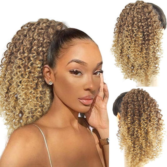 Colorfulpanda 12 Zoll Ponytail Extension Pferdeschwanz Haarteil Haarverlängerung Mit Kordelzug Lang Perücke Natürliches Afro Kinky Lockige Ponytail Für Zopf (Blond-Braun)