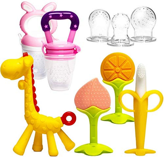 Beißring Für Babys 6 Stück Beißring Spielzeug Bpa-Frei Fruchtsauger Baby 2 Silikon Sauger in 3 Größen Weich Sicher Silikon Pink
