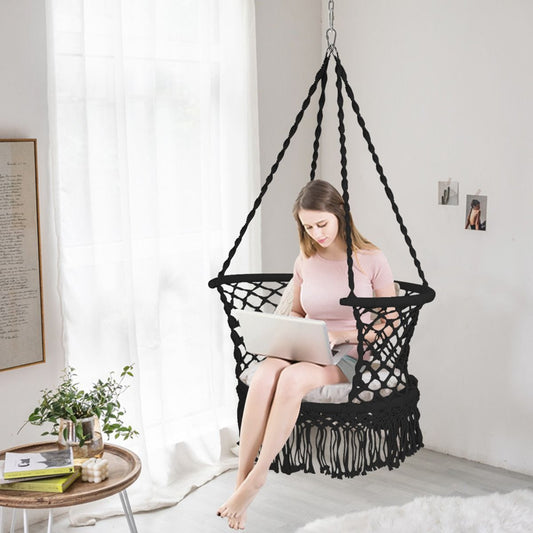 Hängesessel Makramee Hängestuhl Hängesitz Hängeschaukel Swing Sessel 160 Kg Tragkraft Schwarz